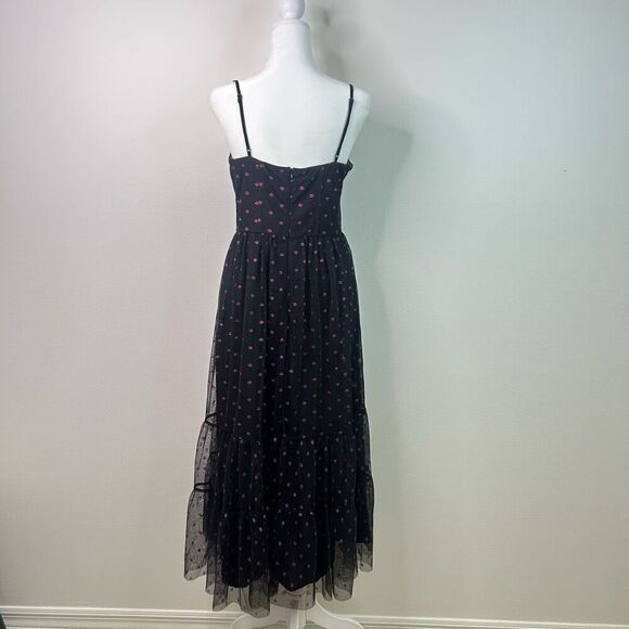Betsey Johnson Vintage Black Mesh Midi Dress Pink Lip Fairy Goth Y2K Size 8 - Picture 7 of 14